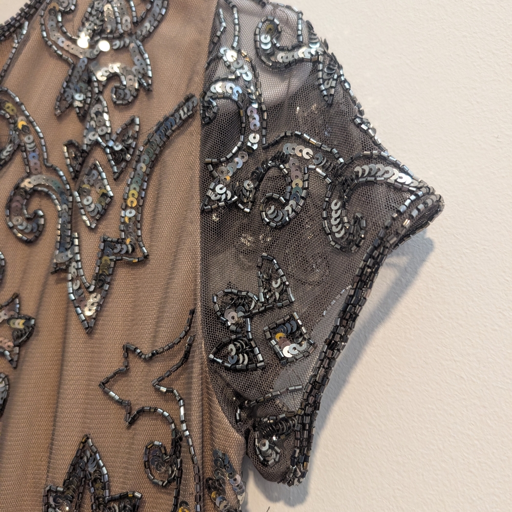 Adrianna Papell Taupe Mesh Midi Silver Sequin Embellishment Dress Size 4 - Picture 7 of 11